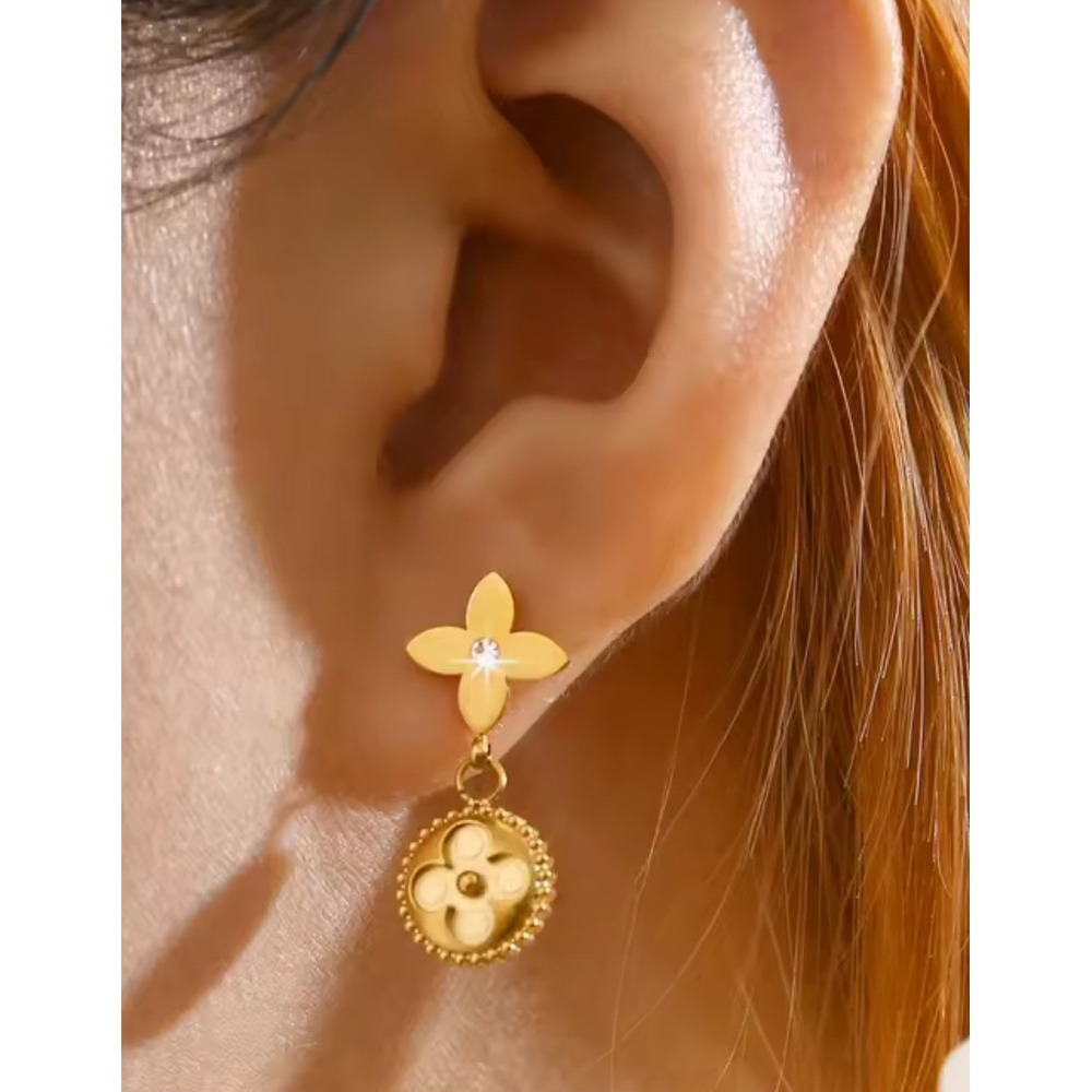 Gold Flower Stud Earrings Dangle‎ Clover Charm Crystal Accent
